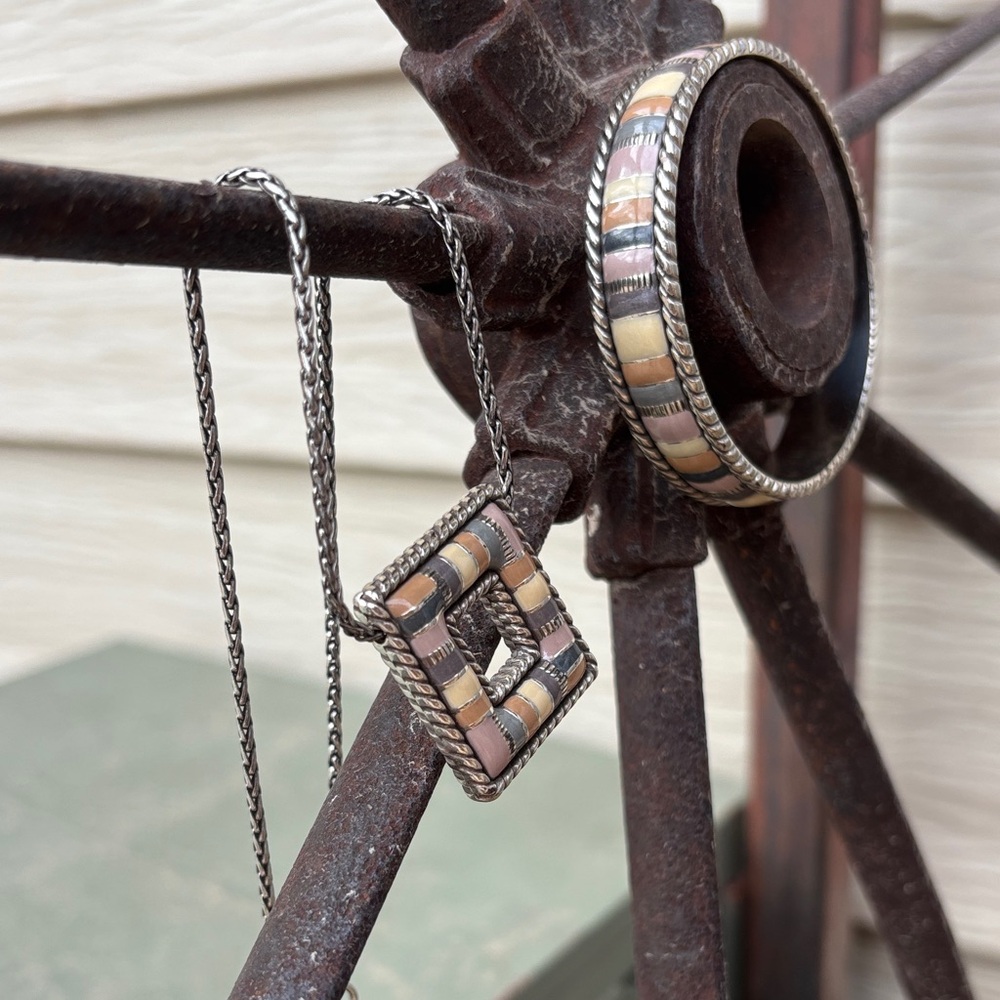 Brighton Cabana Neutral Silver Pendant Striped Necklace and bangle set